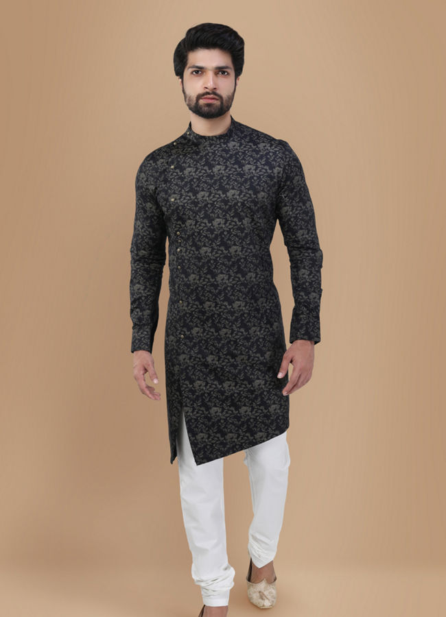 Buy Smoke Black Floral Print Kurta Online in the USA Manyavar Kurta for Men